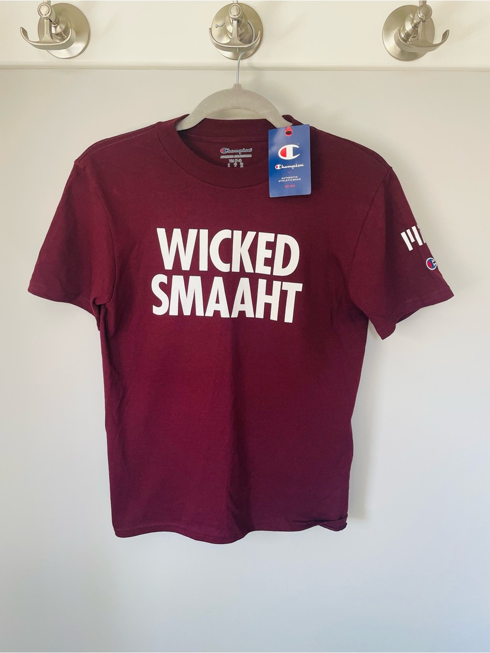 Champion Youth 7/8 Wicked Smaaht T-Shirt Maroon MIT Graphic On One Sleeve New